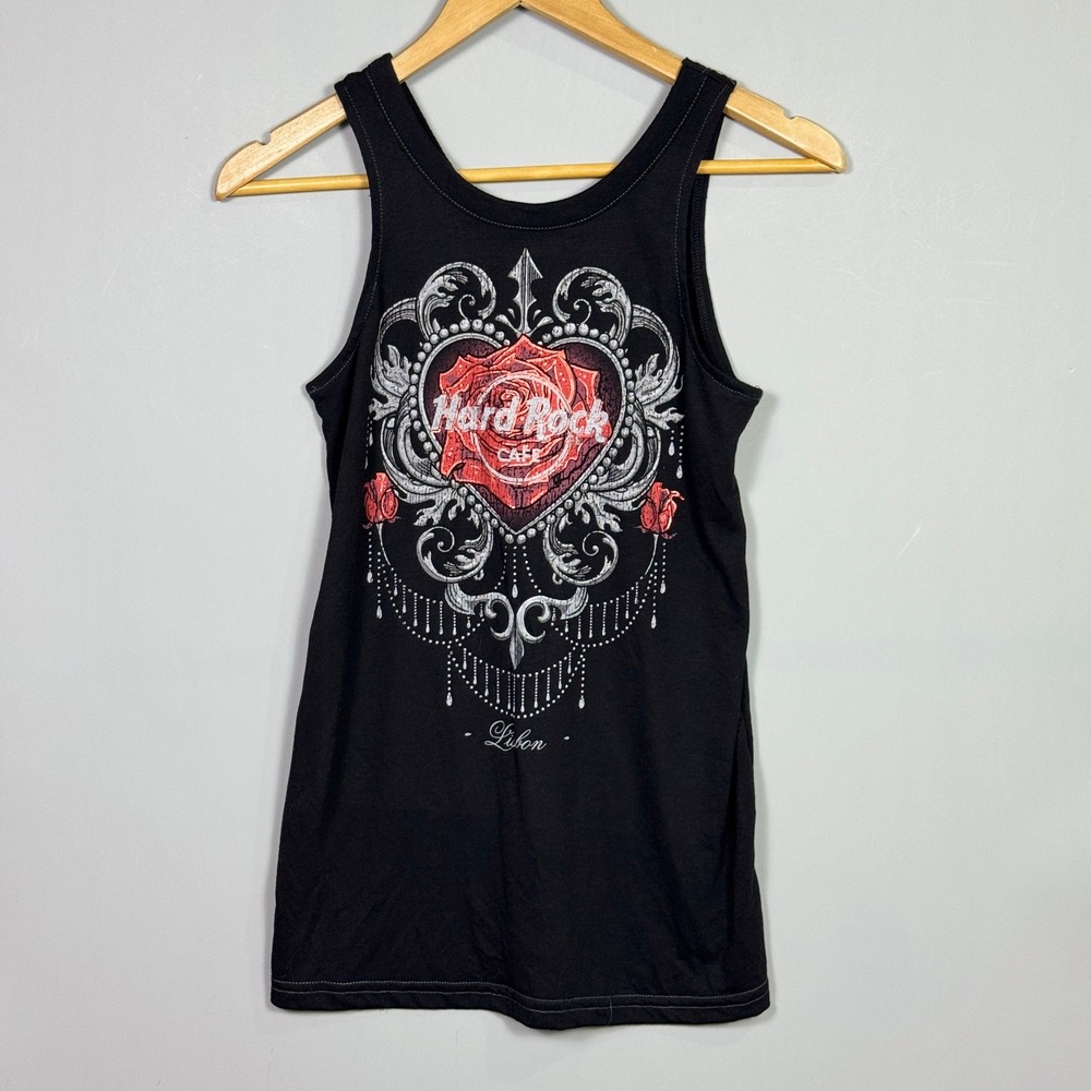 Hard Rock Couture Graphic Tank Womens Size Small Rose Lisbon Black Goth